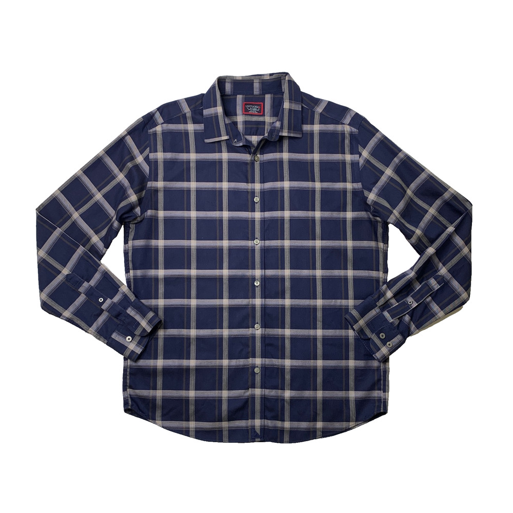 Untuckit Shirt Men XL Navy Beige Wrinkle Free Slim Fit Cotton Plaid Wrinkle Free